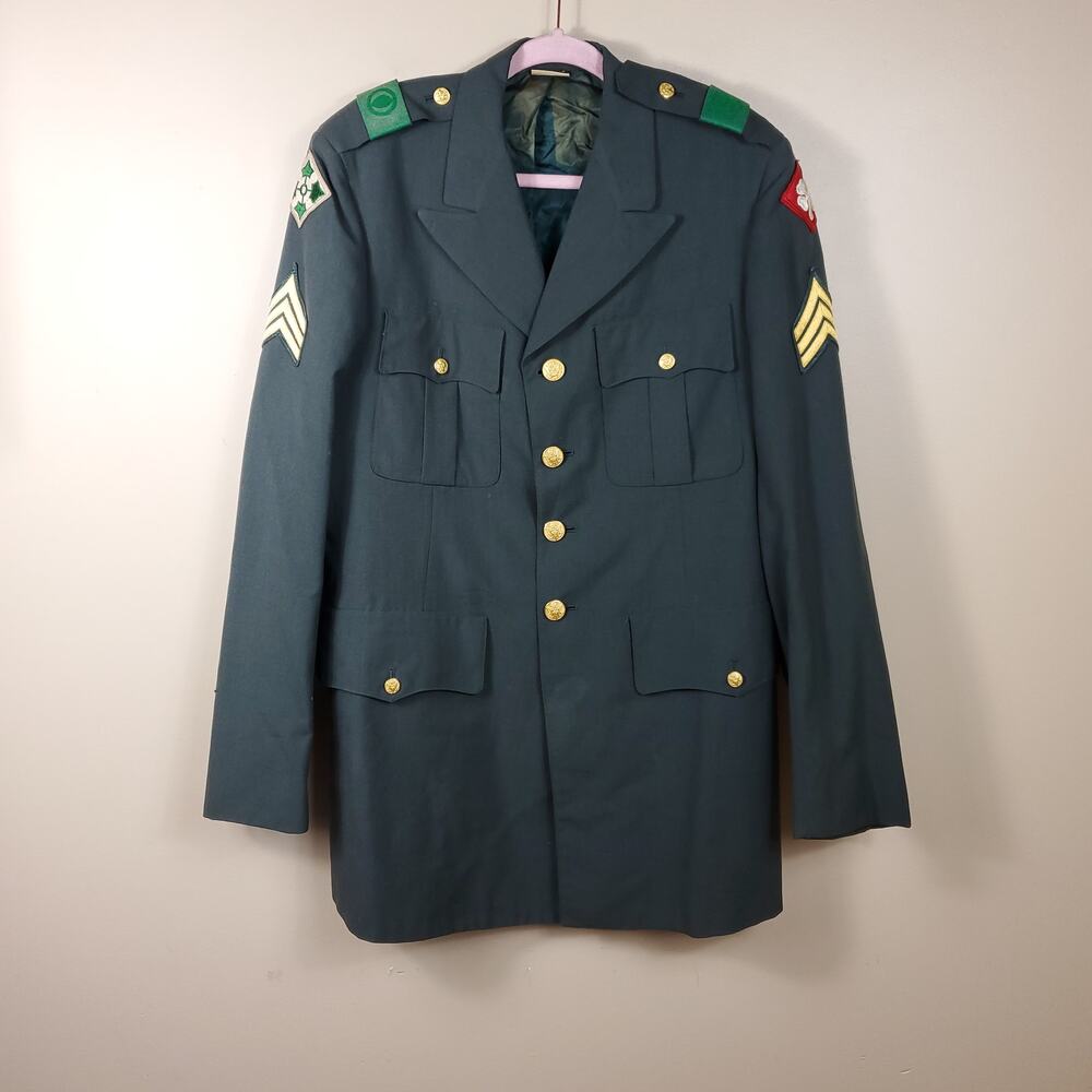 Vintage Military Green Tropical Wool Blend Coat with Patches Size 40XL